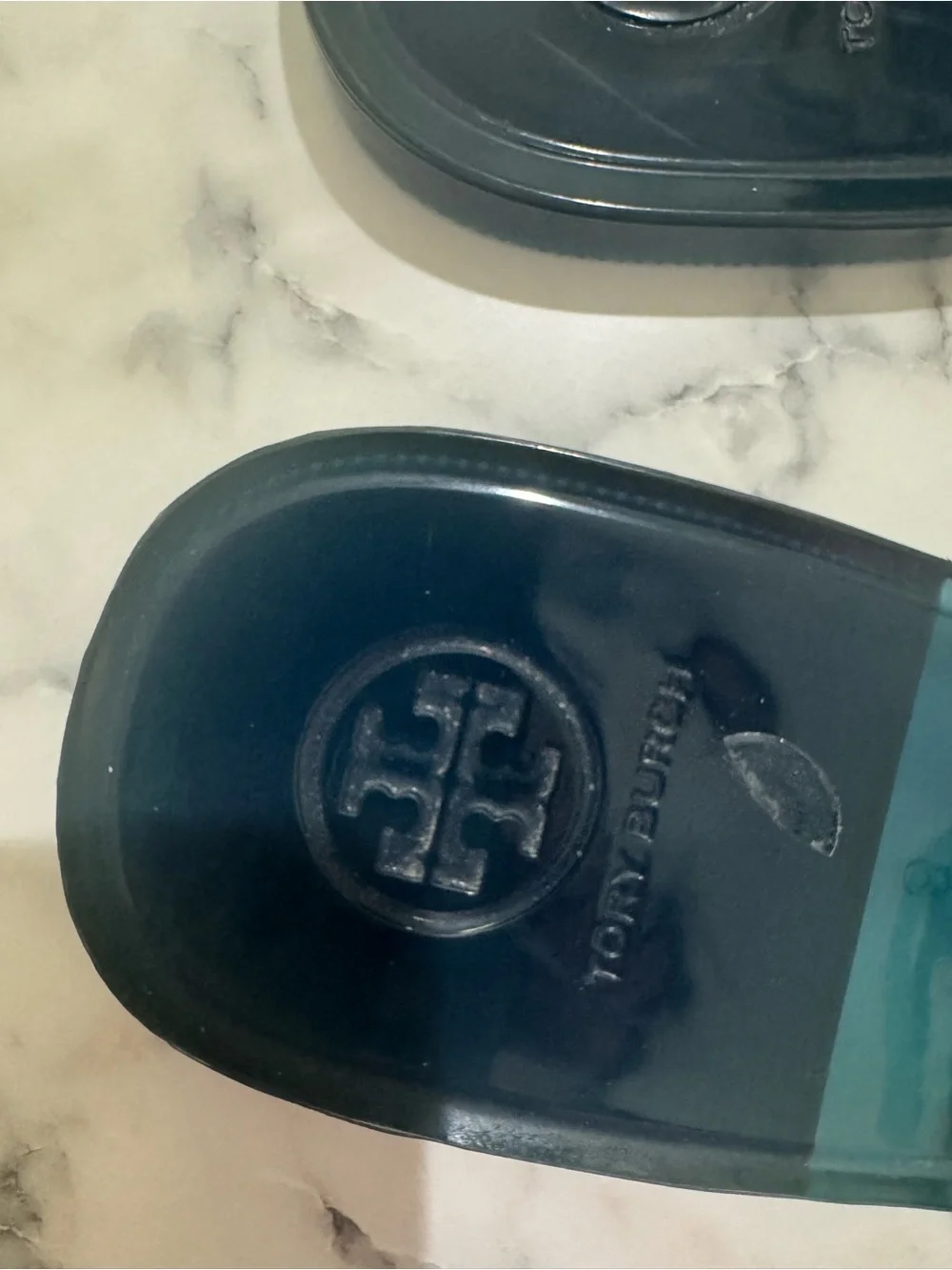 Tory Burch Teal Jelly Logo Thong Sandals with Blue Emblem